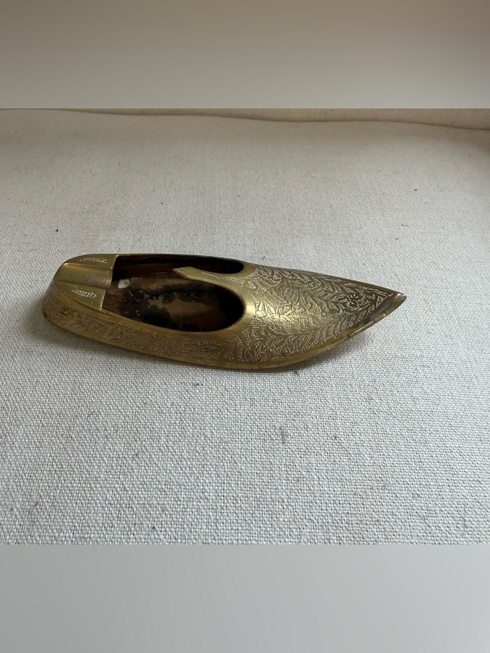 Vintage Indian Brass Slipper Shoe Ashtray Hand Engraved Aladdin Trinket Dish